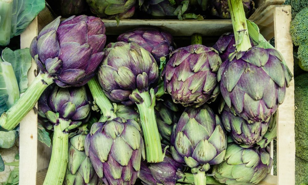 close-up photography of green and purple vegetables